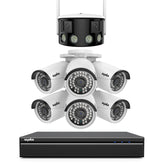 5MP 8 Channel 6 PoE Security Camera System + 1 Dual Lens Panoramic WiFi IP Camera, Color Night Vision, Two-way Audio